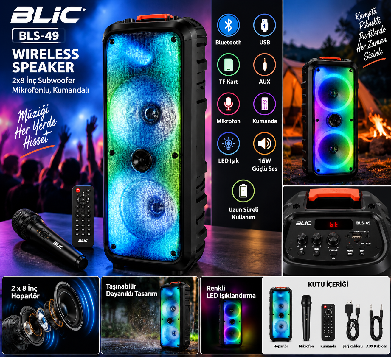 BLIC BLS-49 16W Çift 8 İnç Mikrofonlu Kumandalı Bluetooth Hoparlör