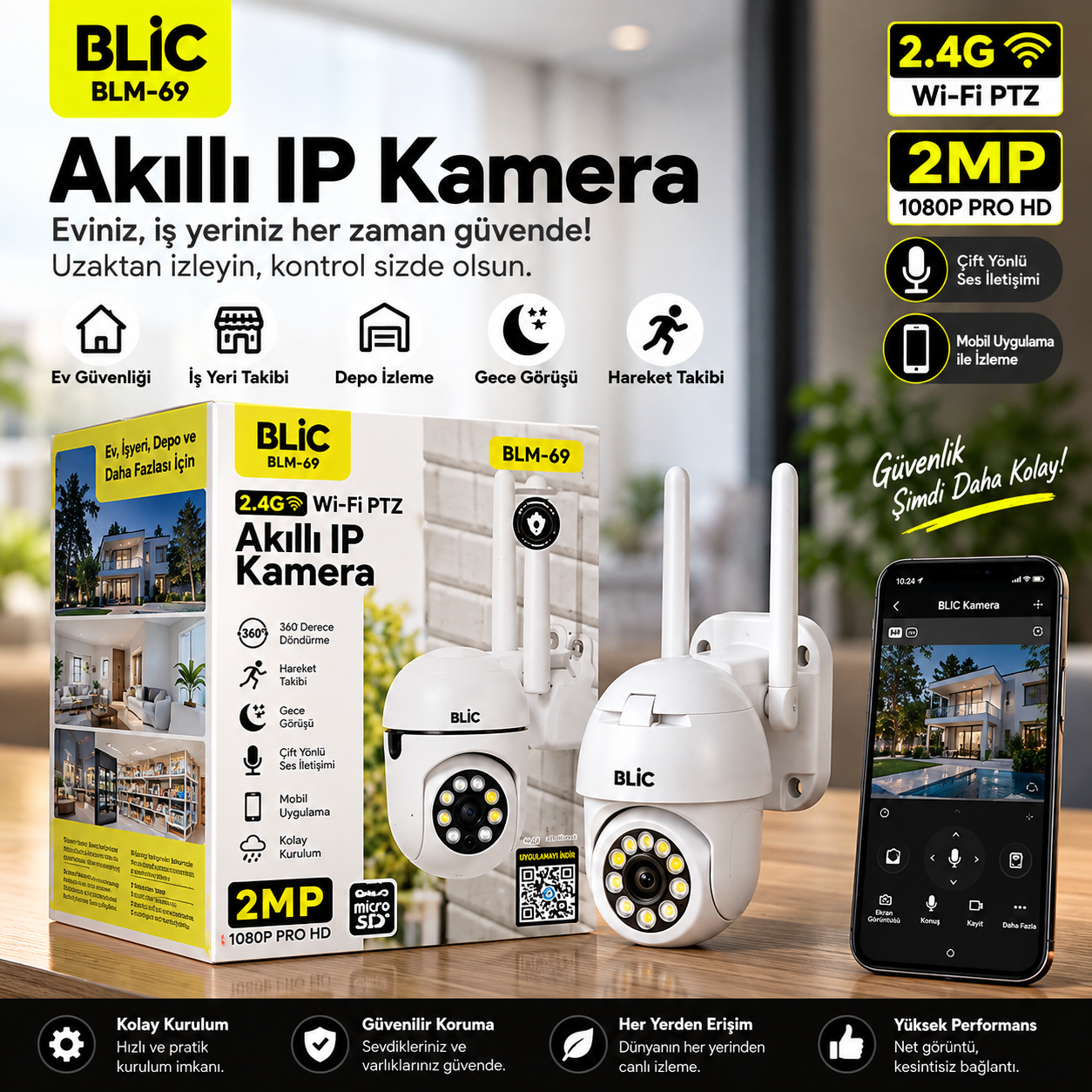 BLIC BL-H18 1080P Gece Görüşlü Akıllı Wi-Fi IP Kamera