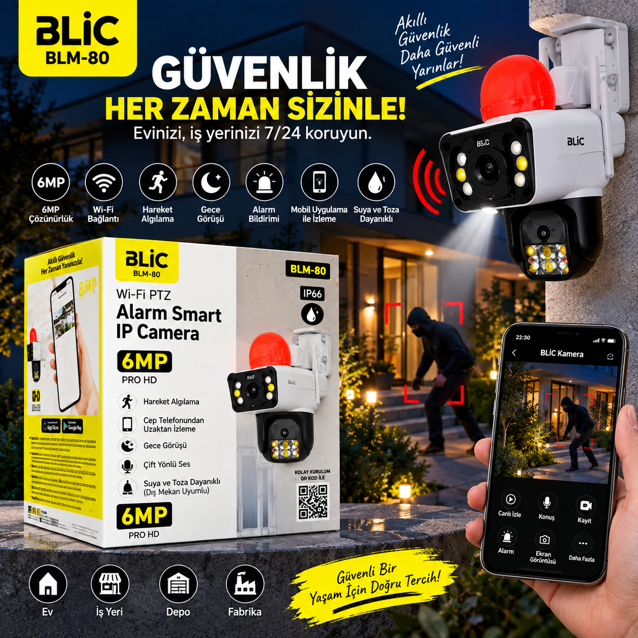 BLIC BLM-80 6MP Wi-Fi PTZ Alarmlı Akıllı IP Güvenlik Kamerası