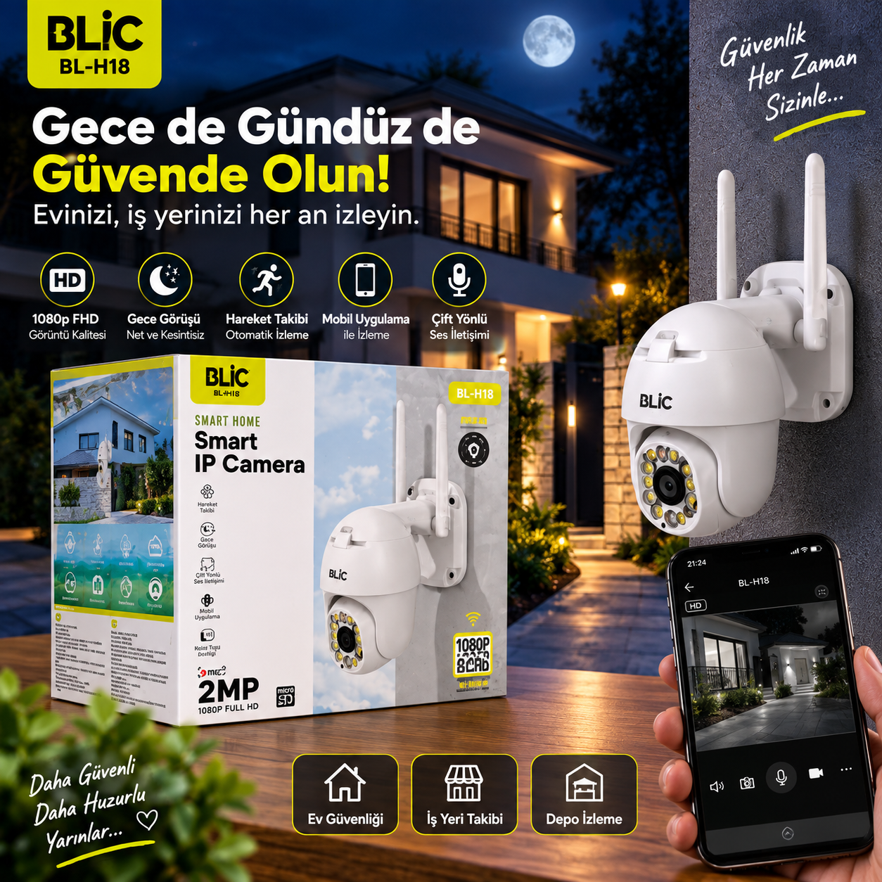 BLIC BL-H18 1080P Gece Görüşlü Akıllı Wi-Fi IP Kamera