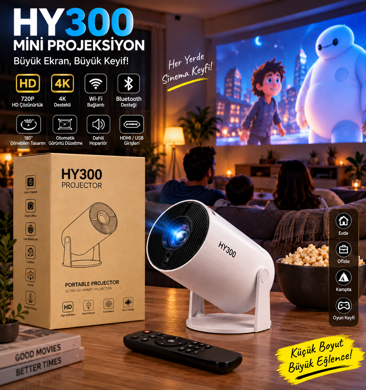 HY300 Akıllı Mini Projeksiyon – 720P HD, 4K Destekli, Wi-Fi & Bluetooth