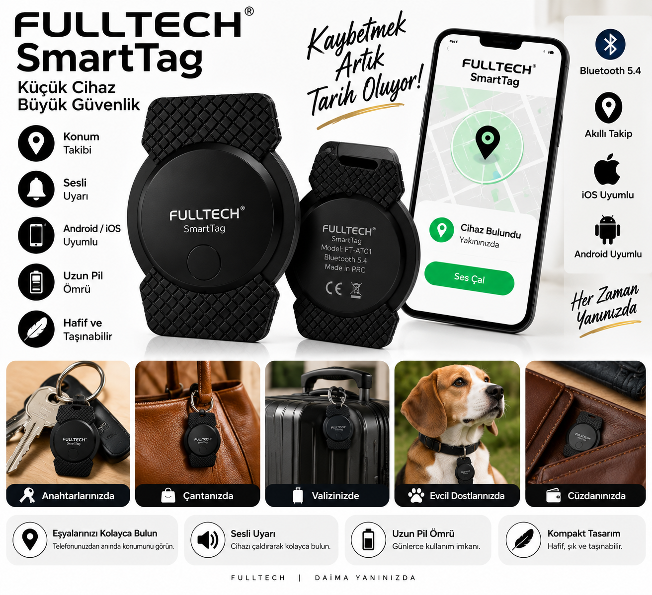 FULLTECH SmartTag Bluetooth 5.4 Android/iOS Uyumlu Akıllı Takip Cihazı